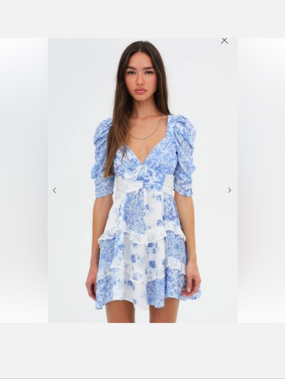 For Love & Lemons Rosalyn Mini Blue Floral 3/4 Sleeve Backless Dress XS